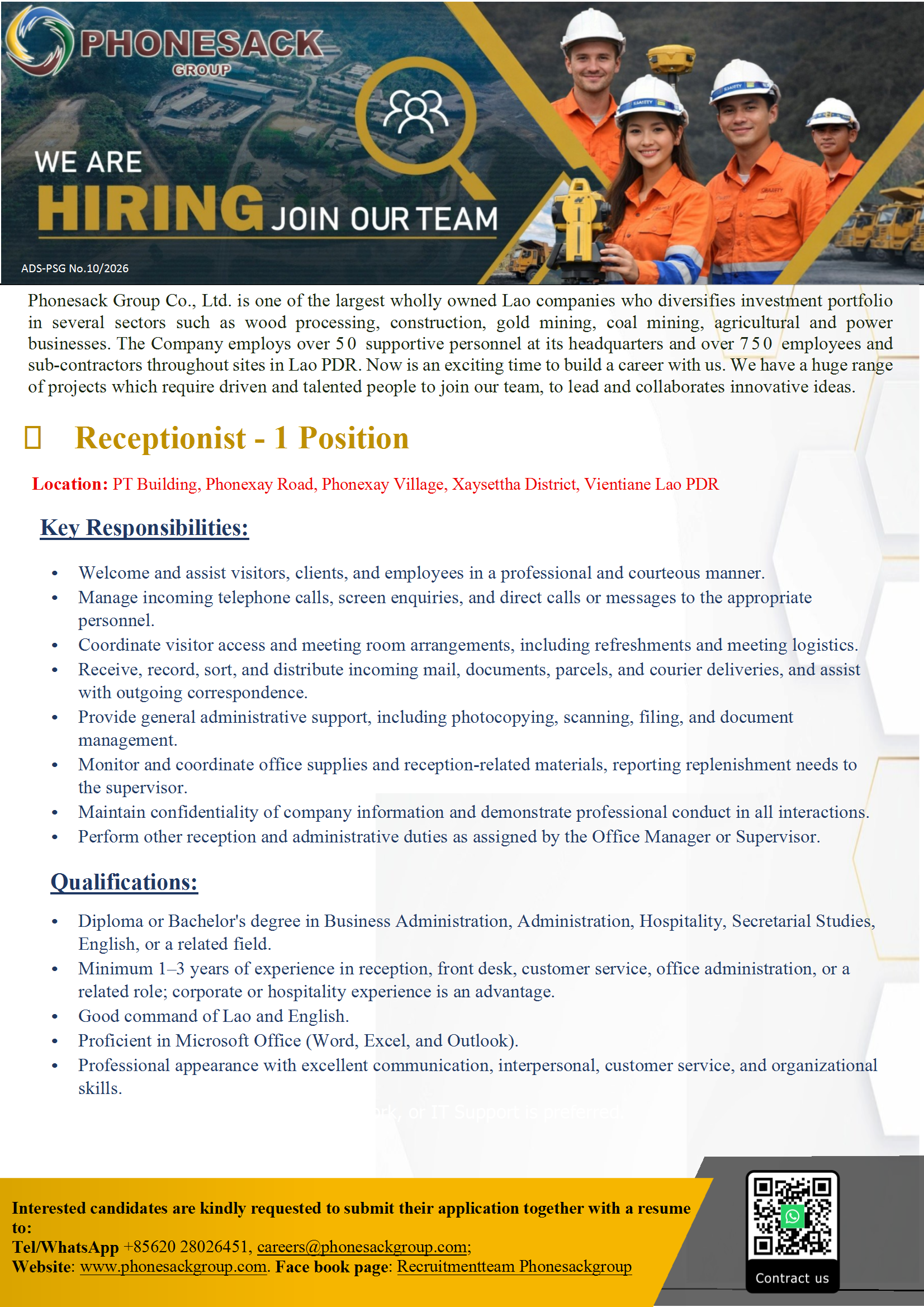 Receptionist - 1 Position